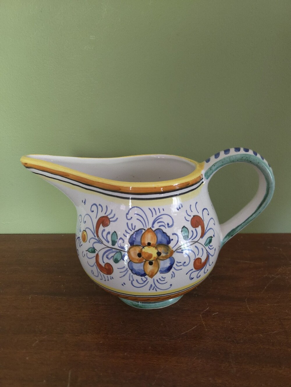 Vintage Deruta Italy Hand-Painted Floral Ceramic Pitcher with Blue and Yellow